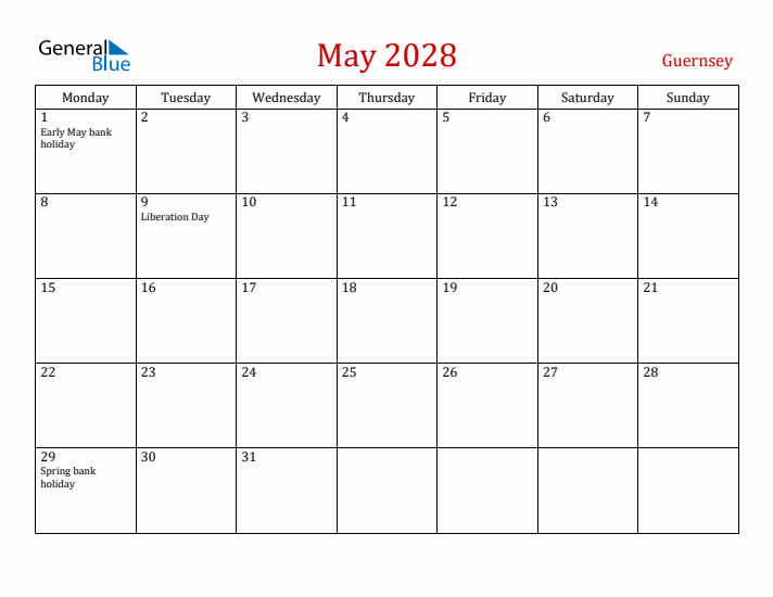 Guernsey May 2028 Calendar - Monday Start