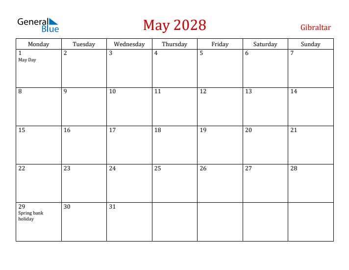 Gibraltar May 2028 Calendar - Monday Start