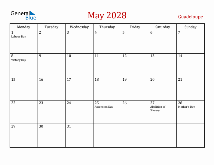 Guadeloupe May 2028 Calendar - Monday Start