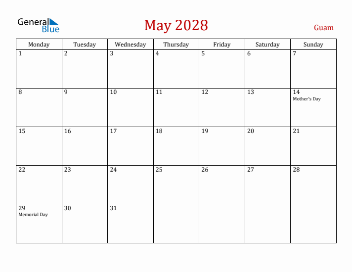 Guam May 2028 Calendar - Monday Start