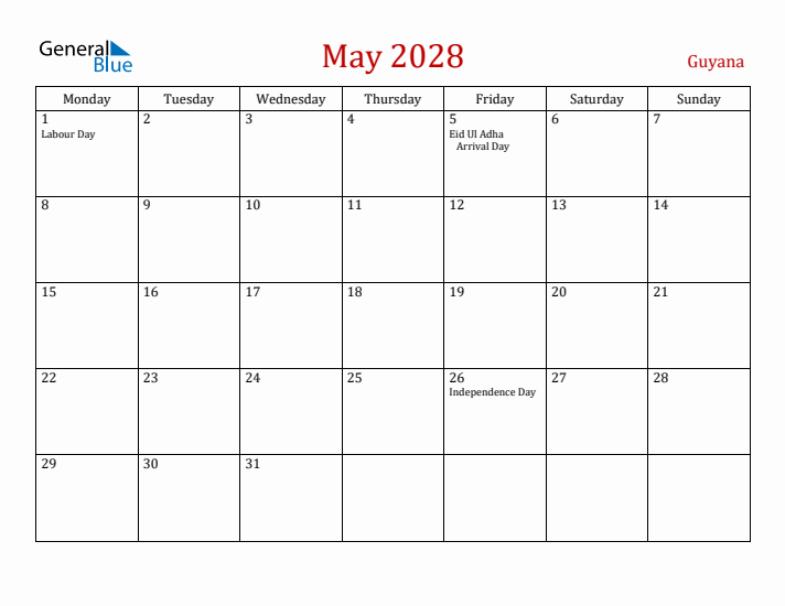 Guyana May 2028 Calendar - Monday Start