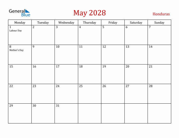 Honduras May 2028 Calendar - Monday Start