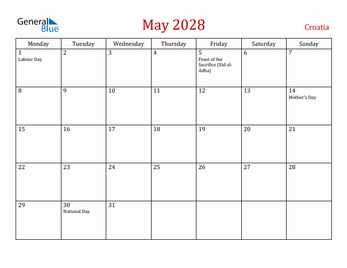 Croatia May 2028 Calendar - Monday Start