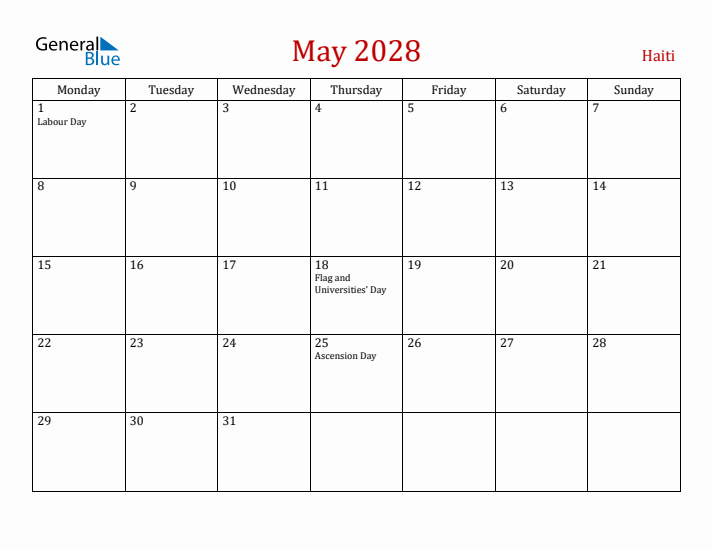 Haiti May 2028 Calendar - Monday Start