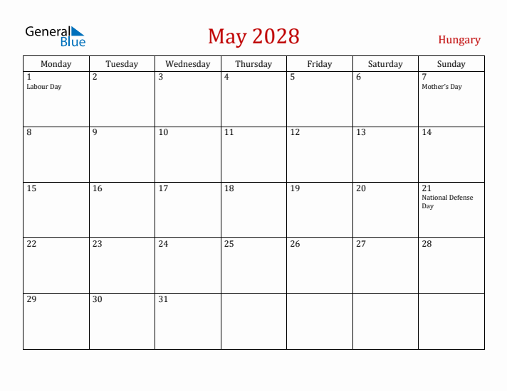 Hungary May 2028 Calendar - Monday Start