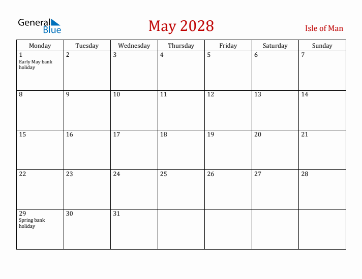 Isle of Man May 2028 Calendar - Monday Start