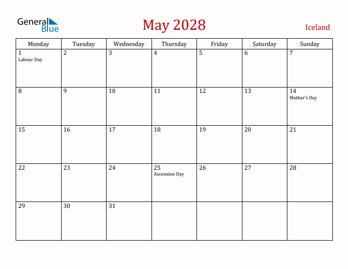 Iceland May 2028 Calendar - Monday Start