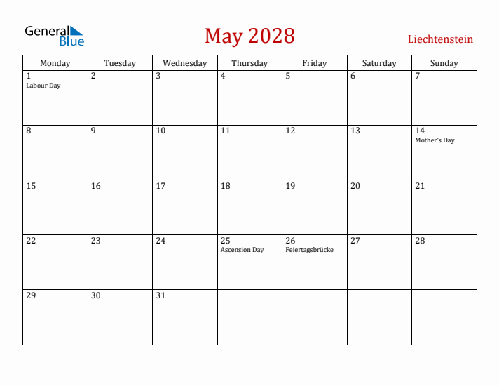 Liechtenstein May 2028 Calendar - Monday Start