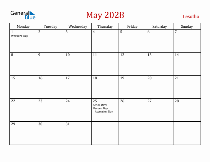Lesotho May 2028 Calendar - Monday Start