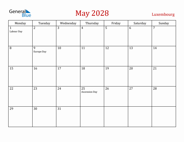 Luxembourg May 2028 Calendar - Monday Start