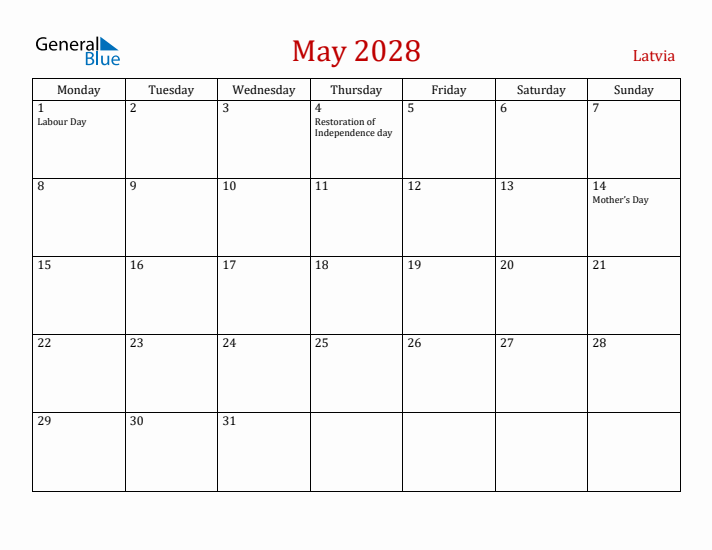 Latvia May 2028 Calendar - Monday Start