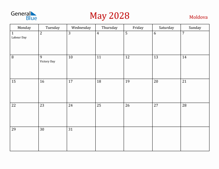 Moldova May 2028 Calendar - Monday Start