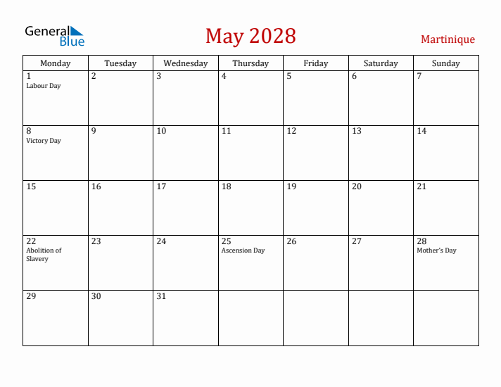 Martinique May 2028 Calendar - Monday Start