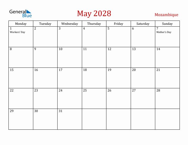 Mozambique May 2028 Calendar - Monday Start