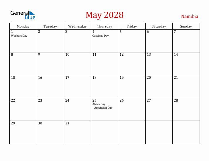 Namibia May 2028 Calendar - Monday Start