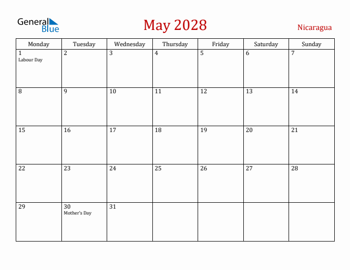 Nicaragua May 2028 Calendar - Monday Start