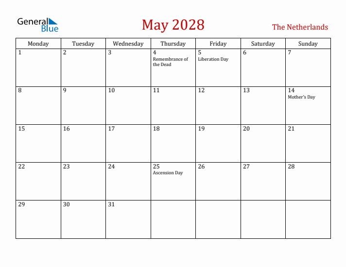 The Netherlands May 2028 Calendar - Monday Start