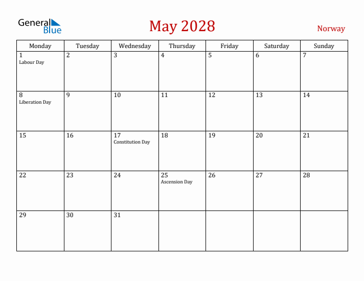 Norway May 2028 Calendar - Monday Start