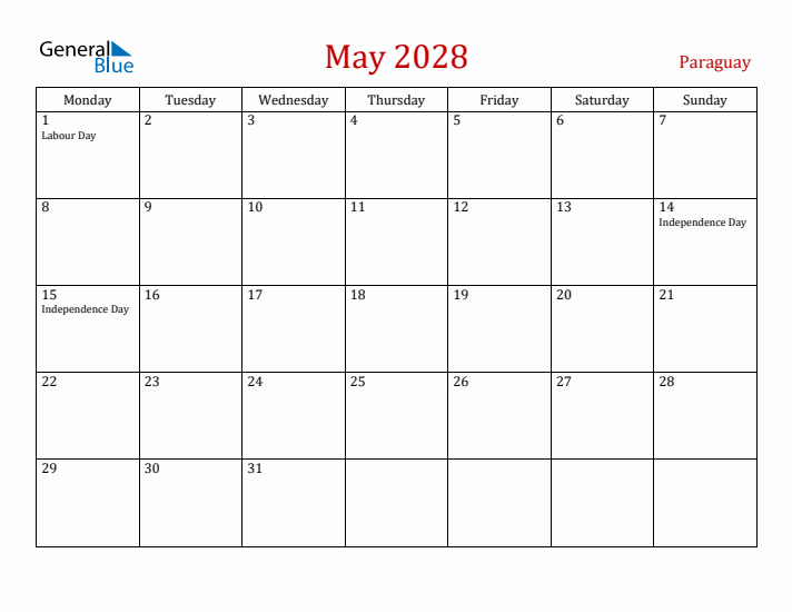 Paraguay May 2028 Calendar - Monday Start