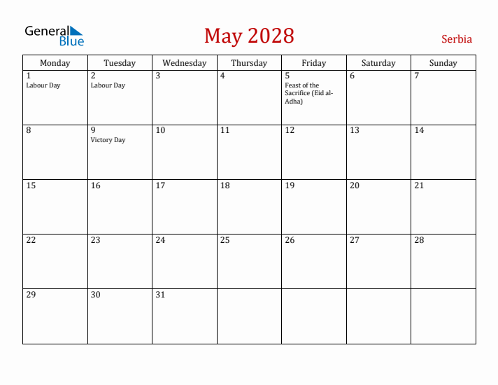 Serbia May 2028 Calendar - Monday Start