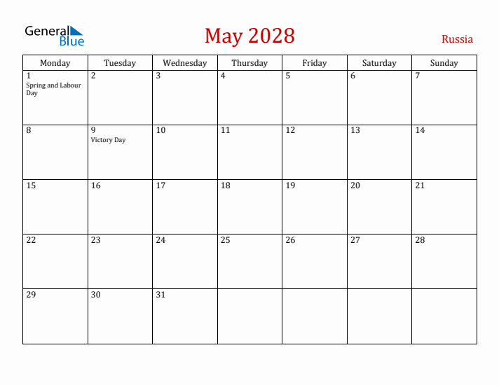 Russia May 2028 Calendar - Monday Start