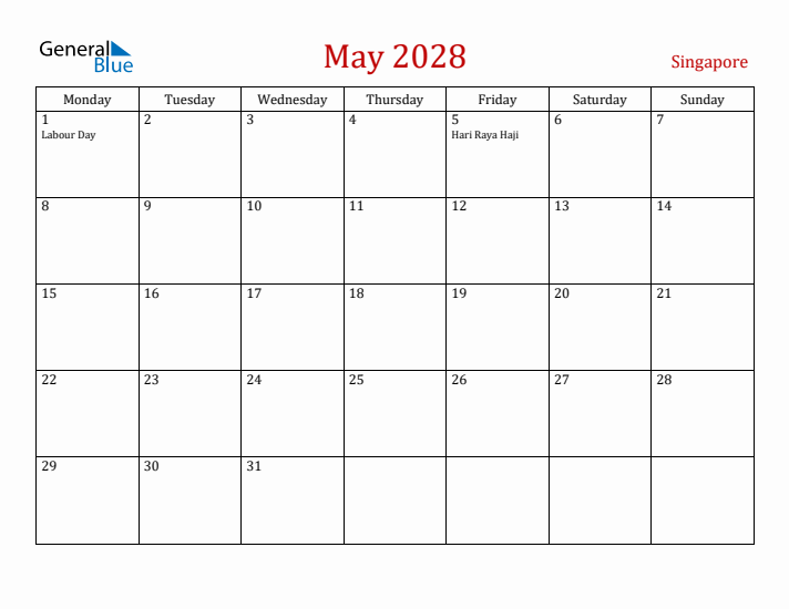 Singapore May 2028 Calendar - Monday Start