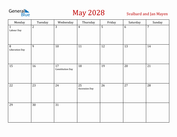 Svalbard and Jan Mayen May 2028 Calendar - Monday Start