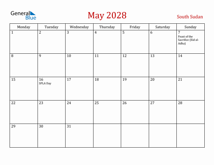 South Sudan May 2028 Calendar - Monday Start