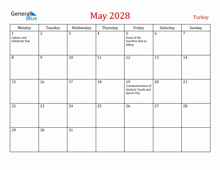 Turkey May 2028 Calendar - Monday Start