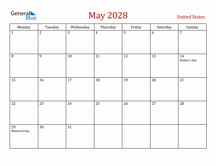 United States May 2028 Calendar - Monday Start