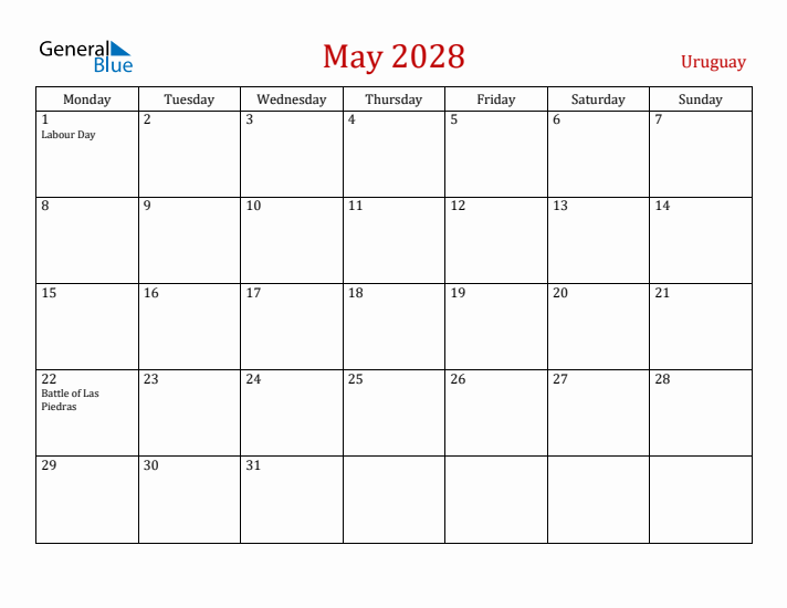 Uruguay May 2028 Calendar - Monday Start