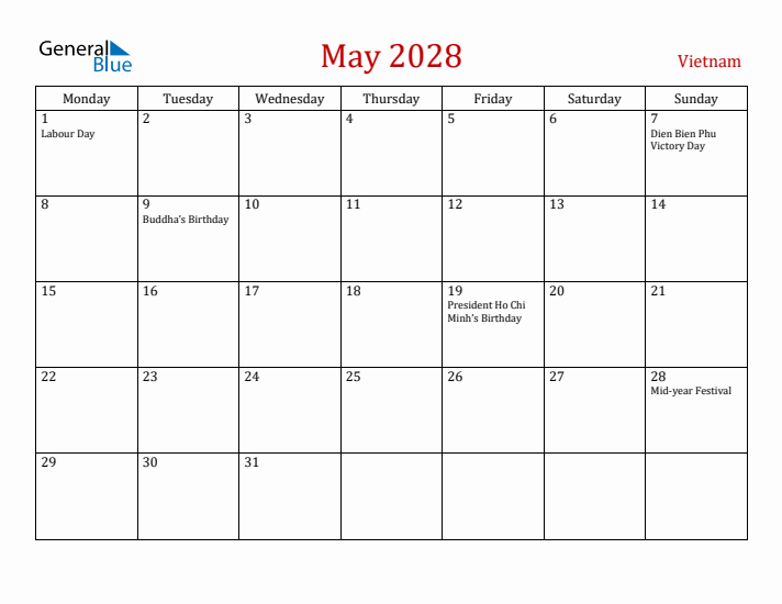 Vietnam May 2028 Calendar - Monday Start