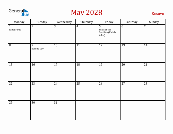 Kosovo May 2028 Calendar - Monday Start