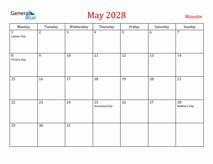 Mayotte May 2028 Calendar - Monday Start