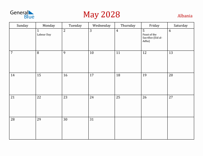 Albania May 2028 Calendar - Sunday Start