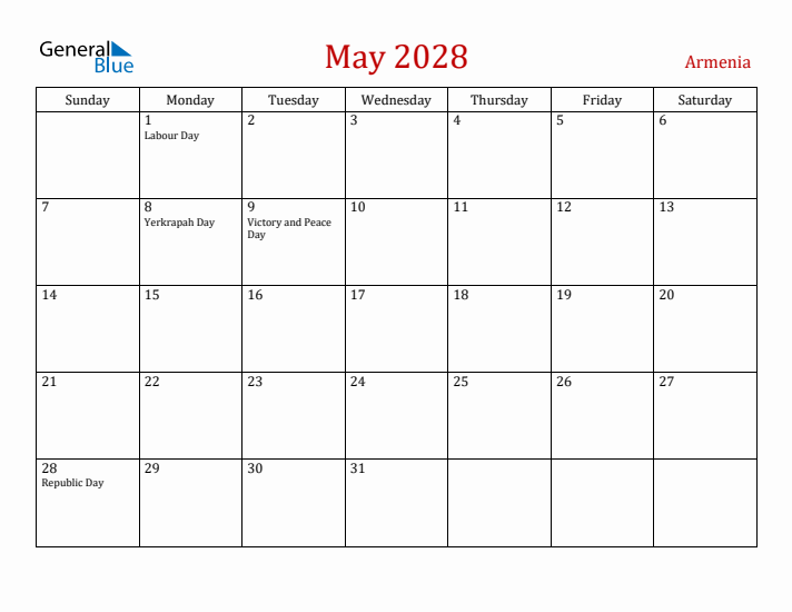 Armenia May 2028 Calendar - Sunday Start