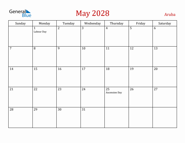 Aruba May 2028 Calendar - Sunday Start