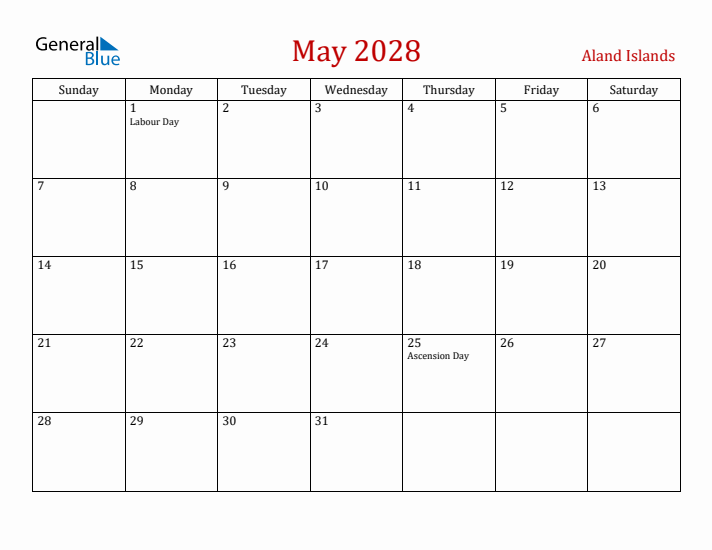 Aland Islands May 2028 Calendar - Sunday Start