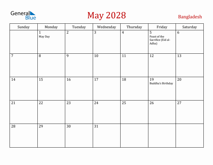 Bangladesh May 2028 Calendar - Sunday Start