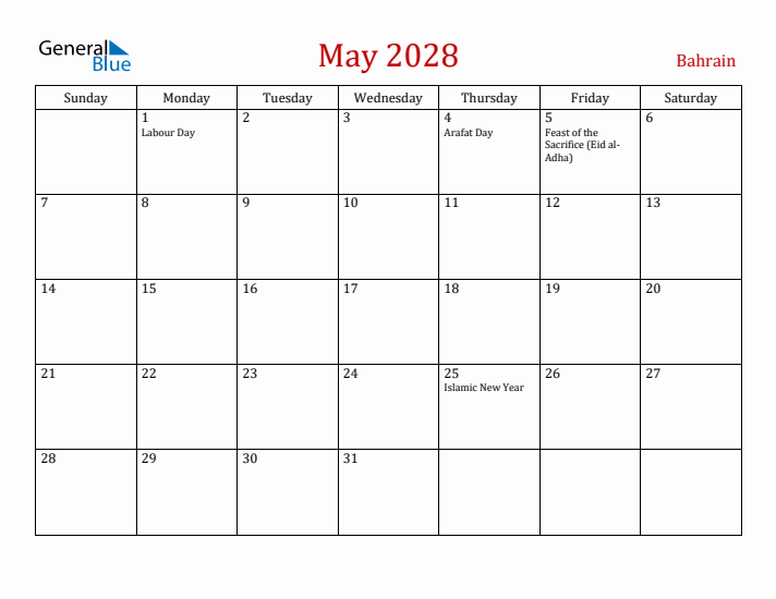 Bahrain May 2028 Calendar - Sunday Start