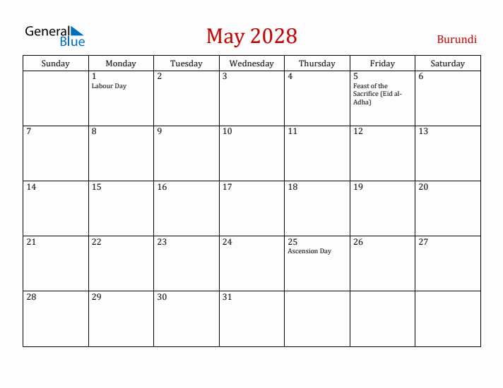 Burundi May 2028 Calendar - Sunday Start