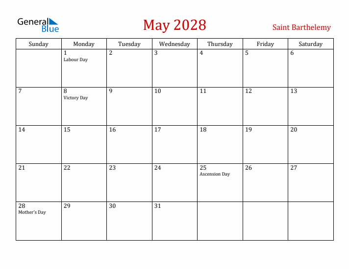 Saint Barthelemy May 2028 Calendar - Sunday Start