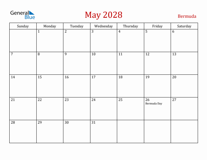 Bermuda May 2028 Calendar - Sunday Start