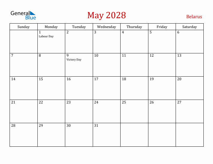 Belarus May 2028 Calendar - Sunday Start