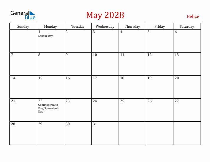 Belize May 2028 Calendar - Sunday Start