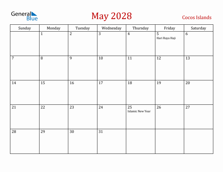 Cocos Islands May 2028 Calendar - Sunday Start