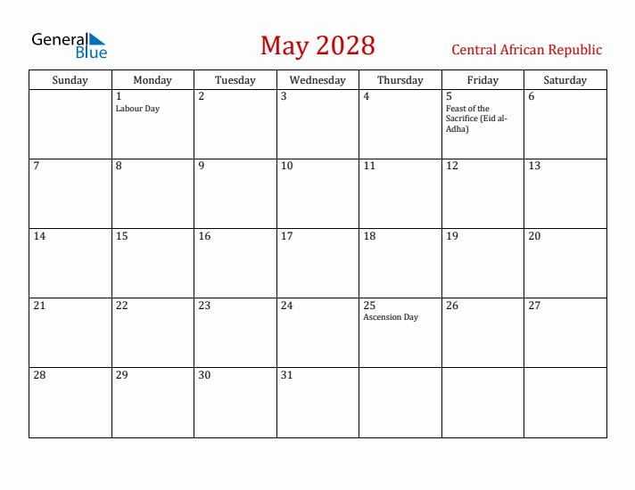Central African Republic May 2028 Calendar - Sunday Start