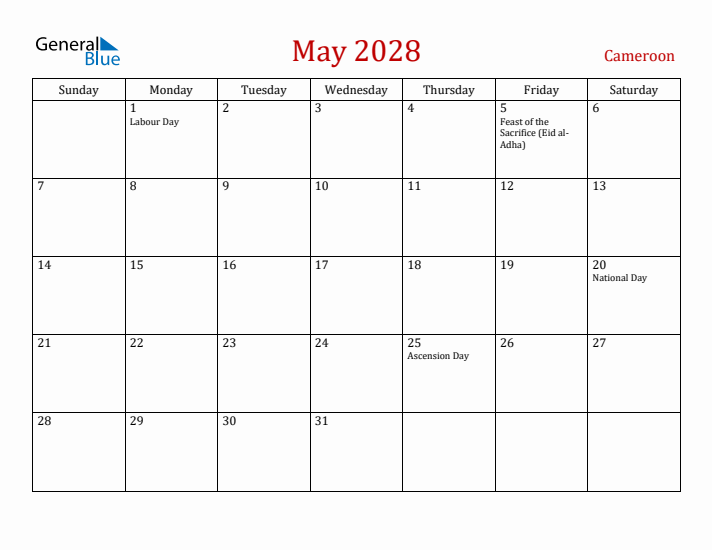 Cameroon May 2028 Calendar - Sunday Start