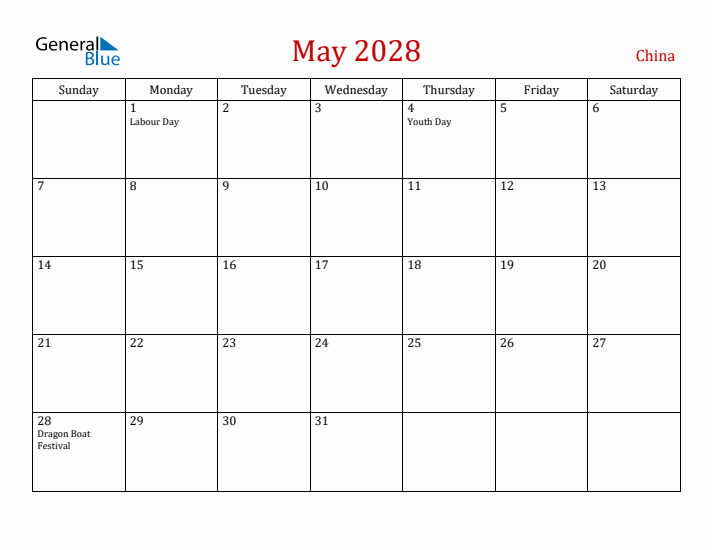 China May 2028 Calendar - Sunday Start