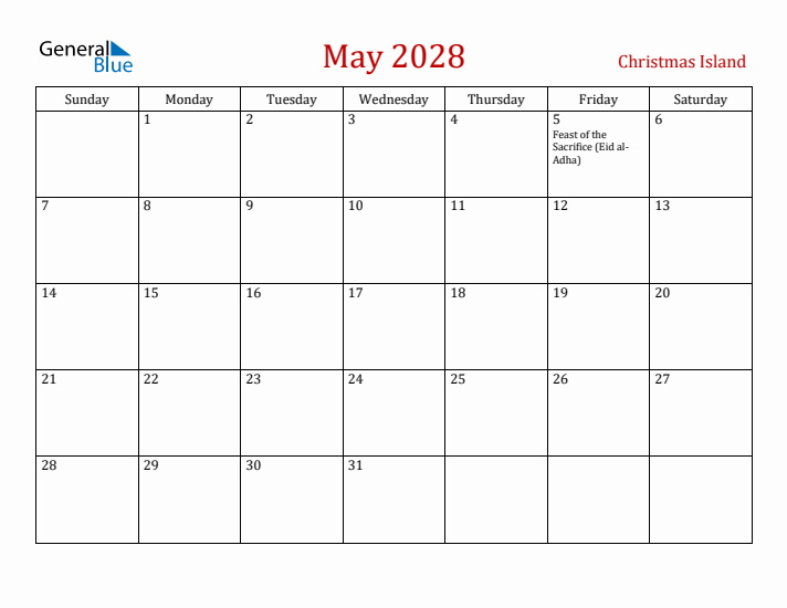 Christmas Island May 2028 Calendar - Sunday Start